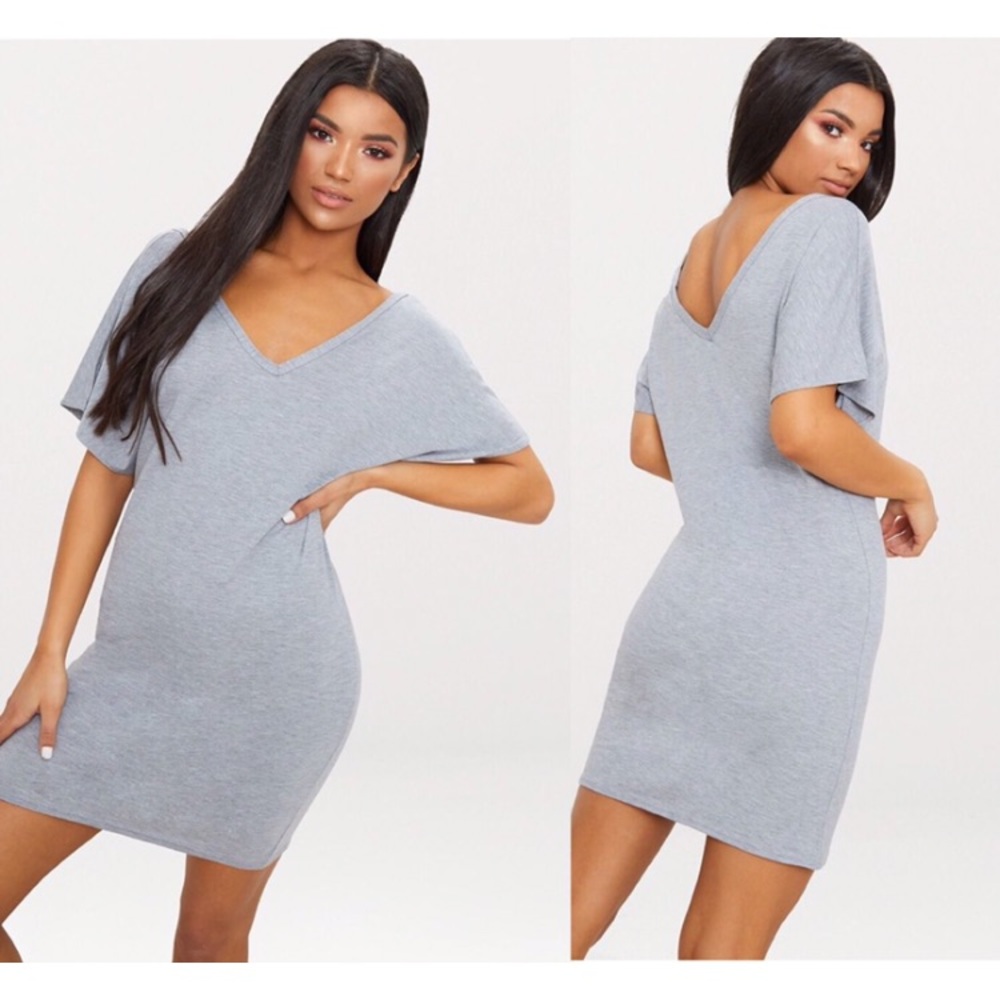 PrettyLittleThing Basic Grey V-Neck T-Shirt Dress